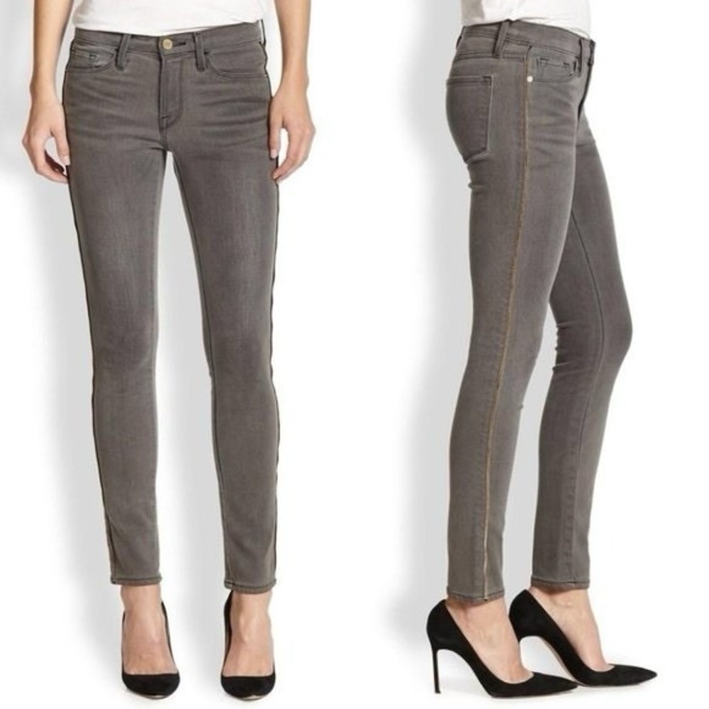 FRAME Le Skinny De Jeanne Thatcher Zipper Trimmed Jeans Gray / Women's 26